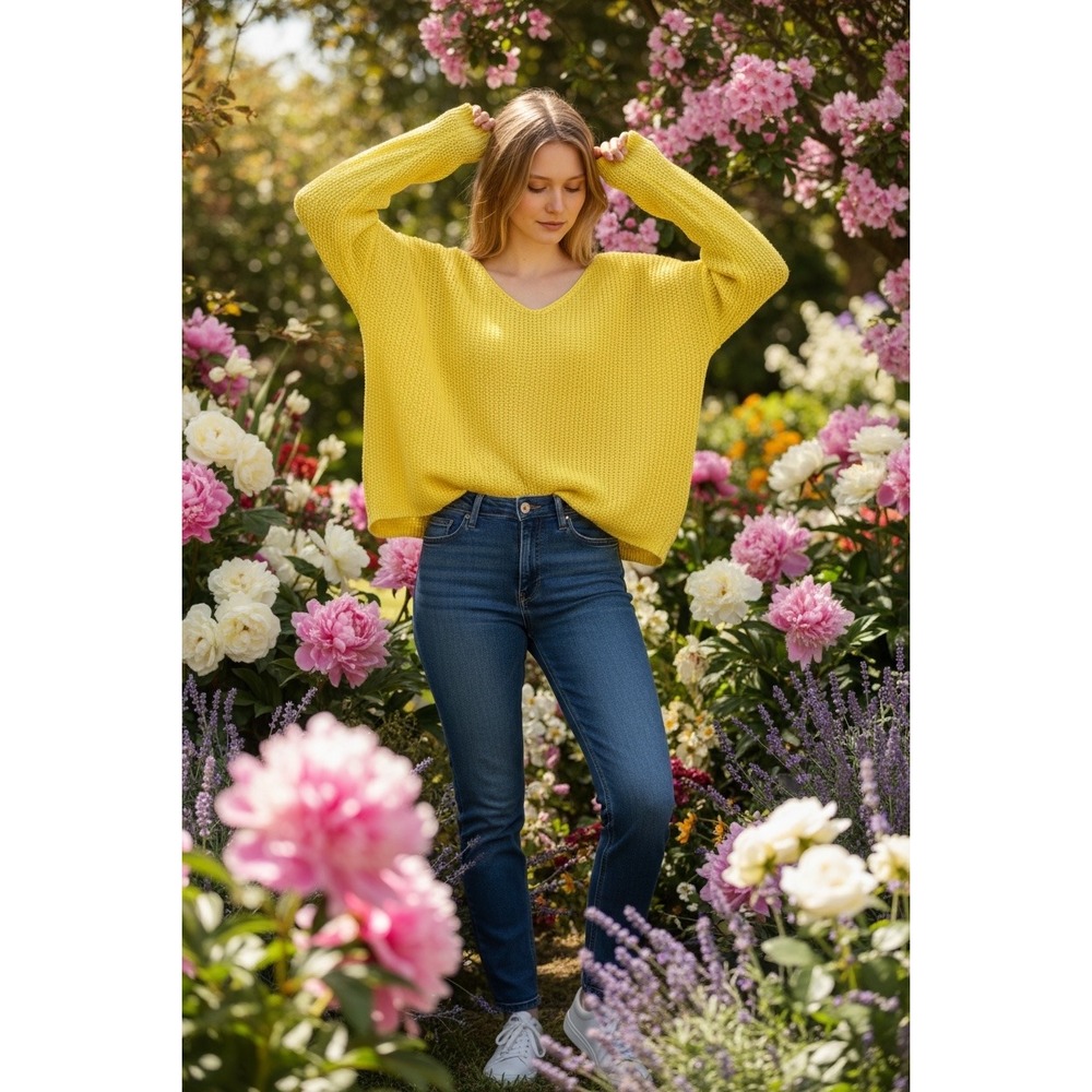 Gigi Moda Yellow V-Neck‎ Oversized Textured Knit Sweater Made in Italy Womens OS